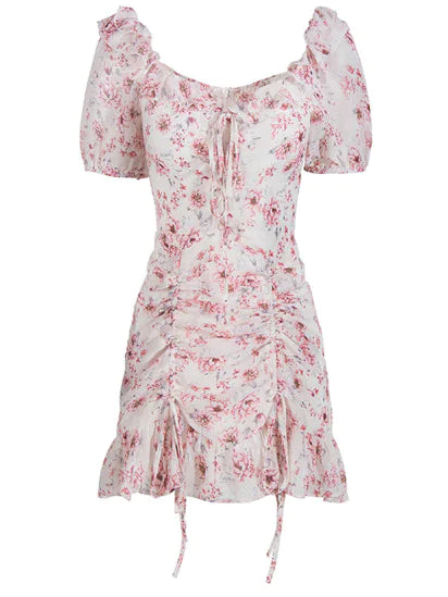 Muses French Puff Sleeve Floral Chiffon Dress