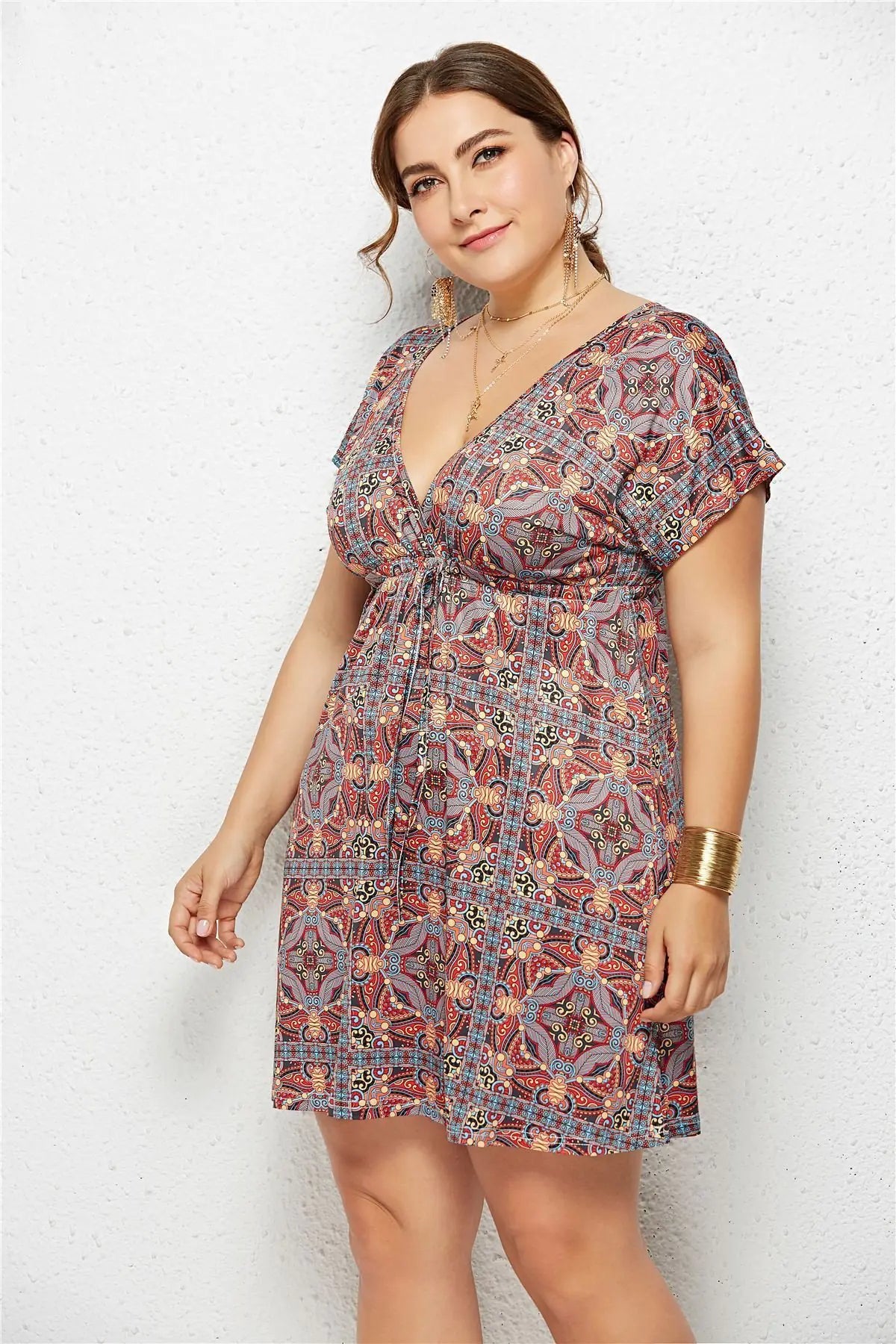 Summer Print Dress for Women - Casual Deep V Neck
