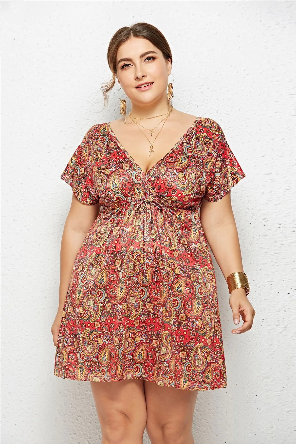 Summer Print Dress for Women - Casual Deep V Neck