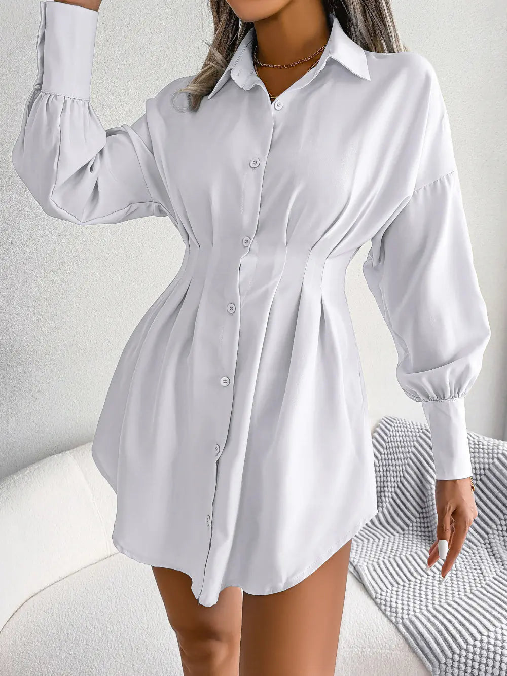 Asymmetric Waist Dress with Lantern Sleeves