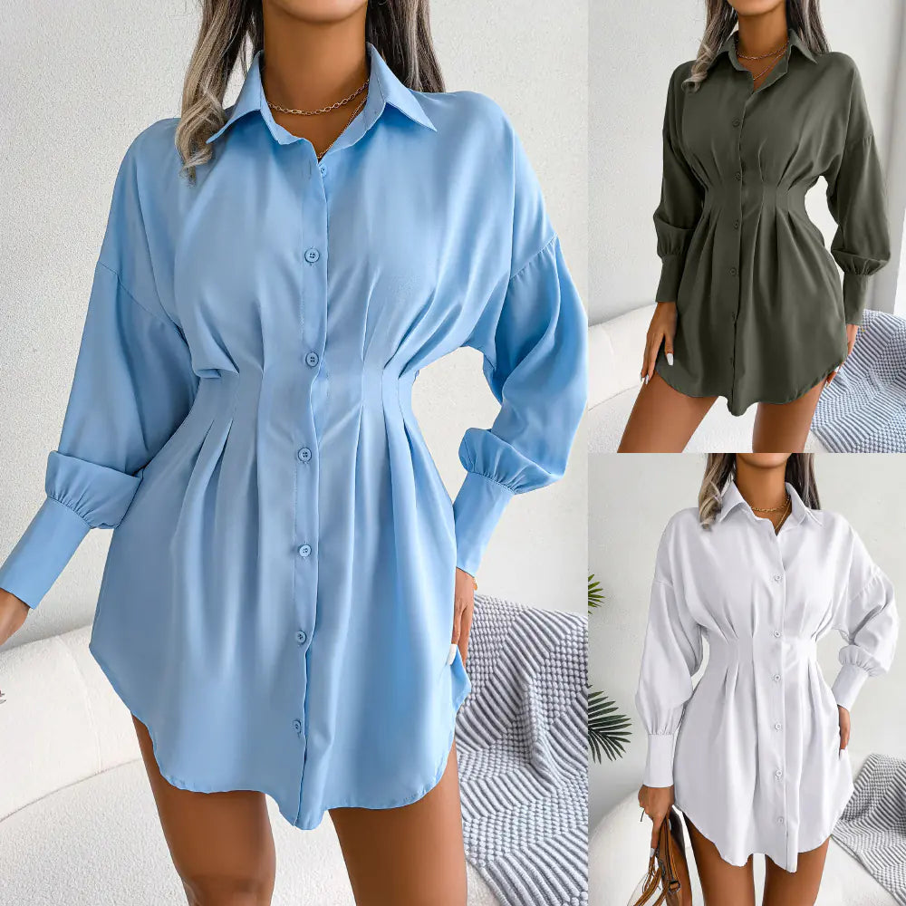Asymmetric Waist Dress with Lantern Sleeves