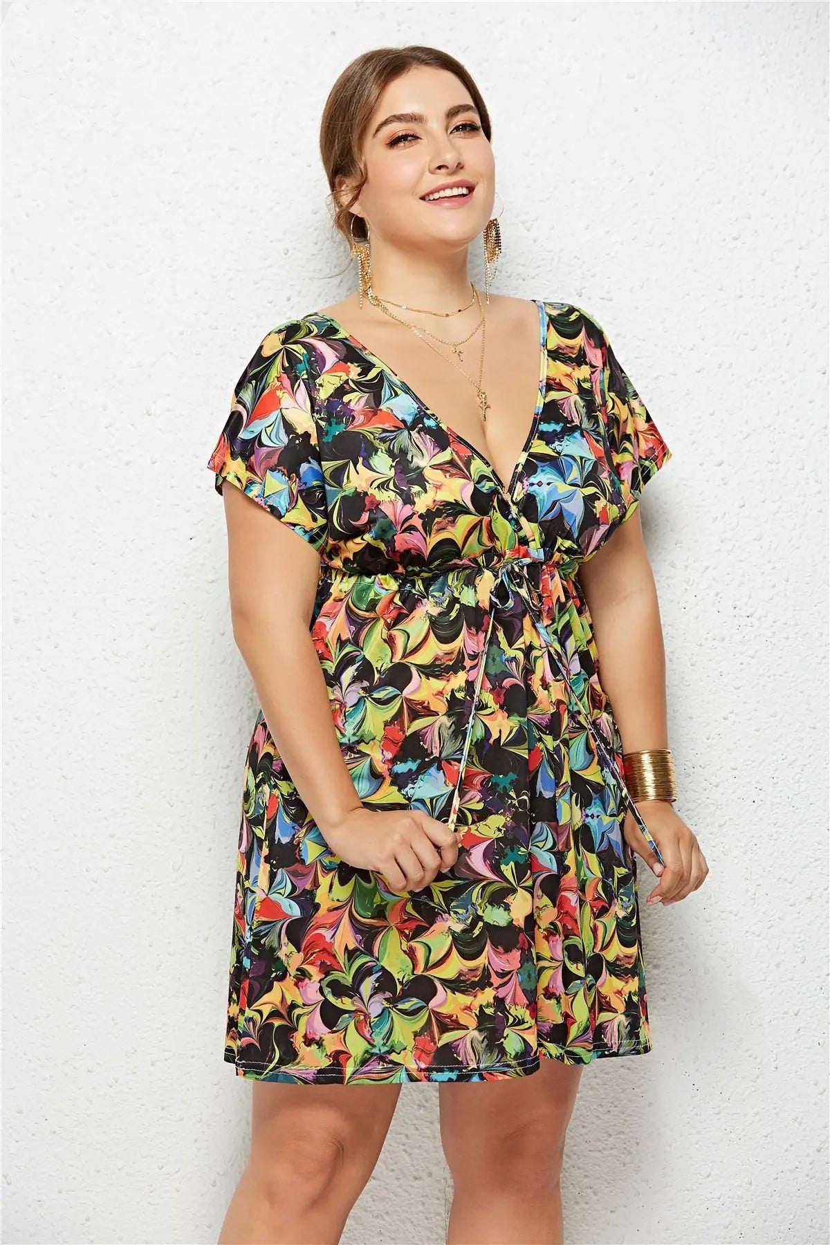 Summer Print Dress for Women - Casual Deep V Neck