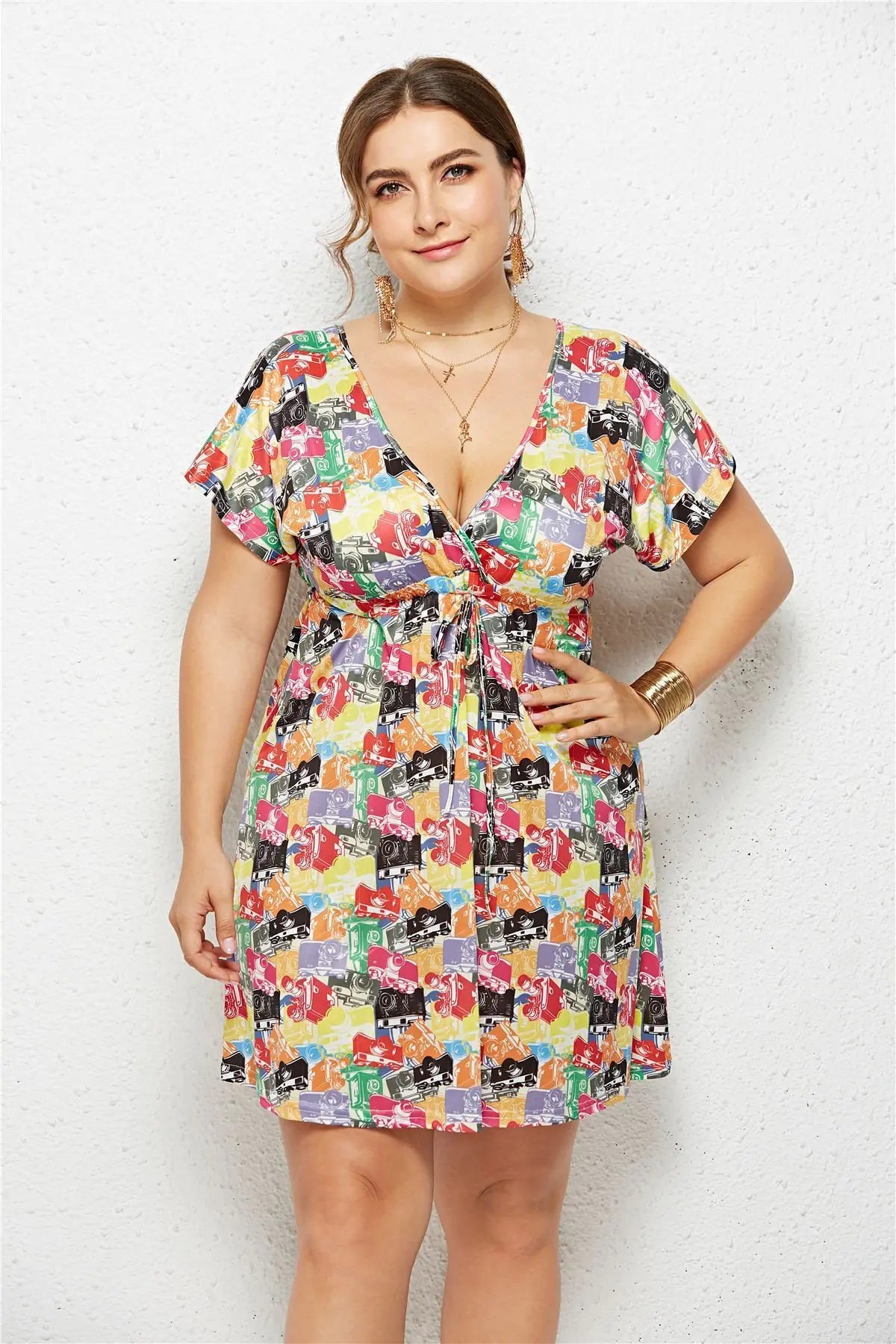 Summer Print Dress for Women - Casual Deep V Neck
