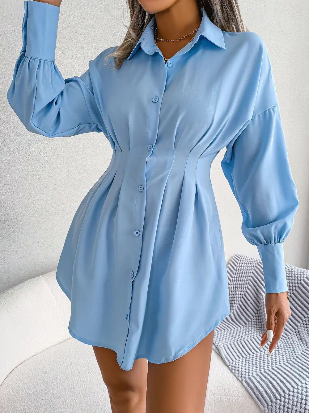 Asymmetric Waist Dress with Lantern Sleeves