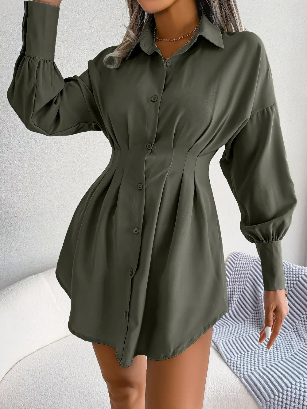 Asymmetric Waist Dress with Lantern Sleeves