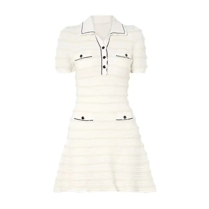 French Ivory Striped Puff Sleeve Dress