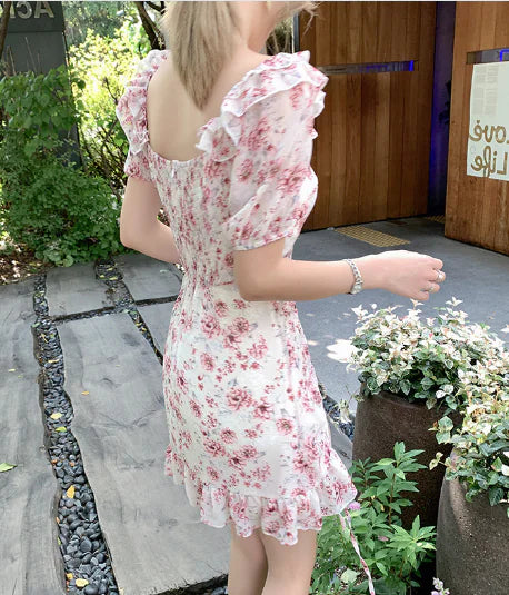 Muses French Puff Sleeve Floral Chiffon Dress