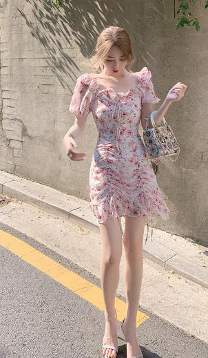 Muses French Puff Sleeve Floral Chiffon Dress