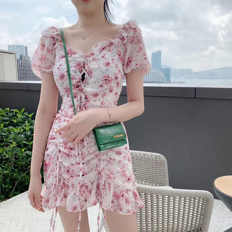 Muses French Puff Sleeve Floral Chiffon Dress