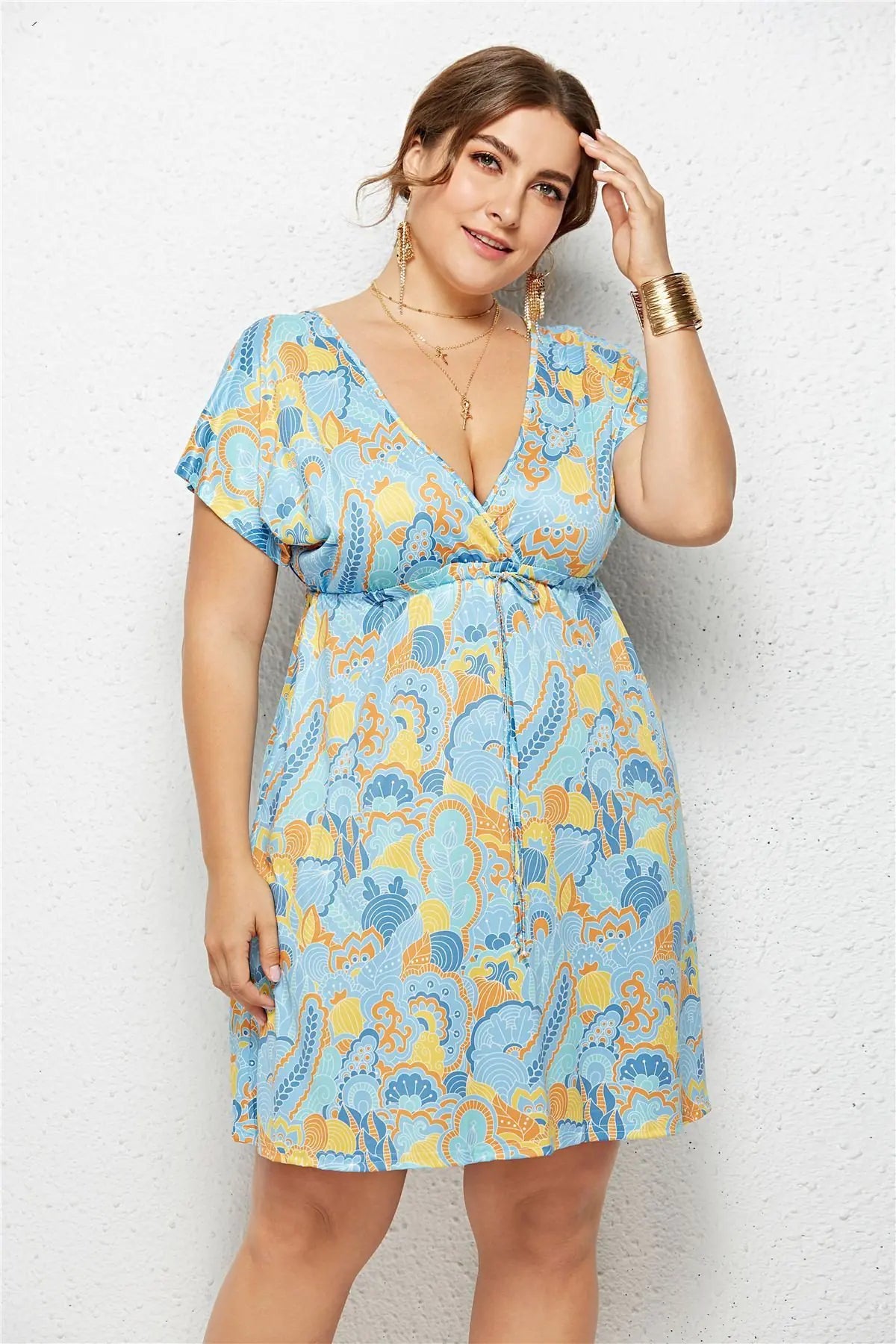 Summer Print Dress for Women - Casual Deep V Neck