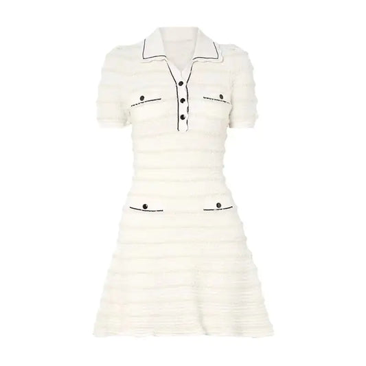 French Ivory Striped Puff Sleeve Dress