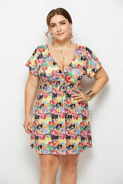 Summer Print Dress for Women - Casual Deep V Neck
