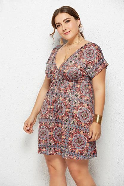 Summer Print Dress for Women - Casual Deep V Neck