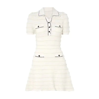 French Ivory Striped Puff Sleeve Dress