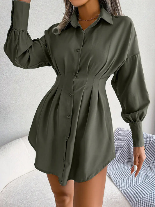 Asymmetric Waist Dress with Lantern Sleeves