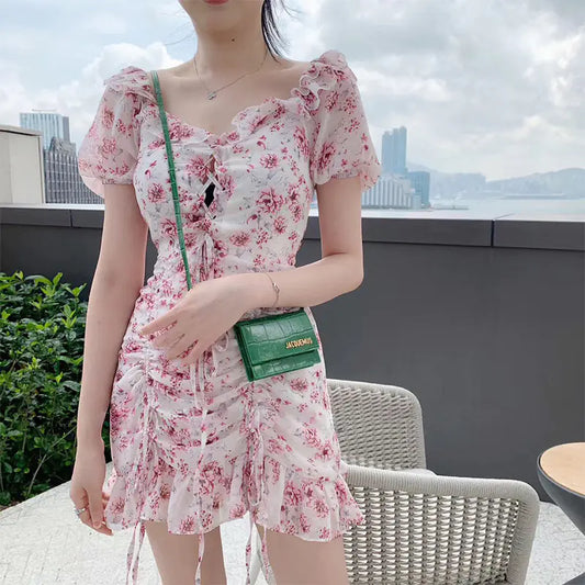 Muses French Puff Sleeve Floral Chiffon Dress